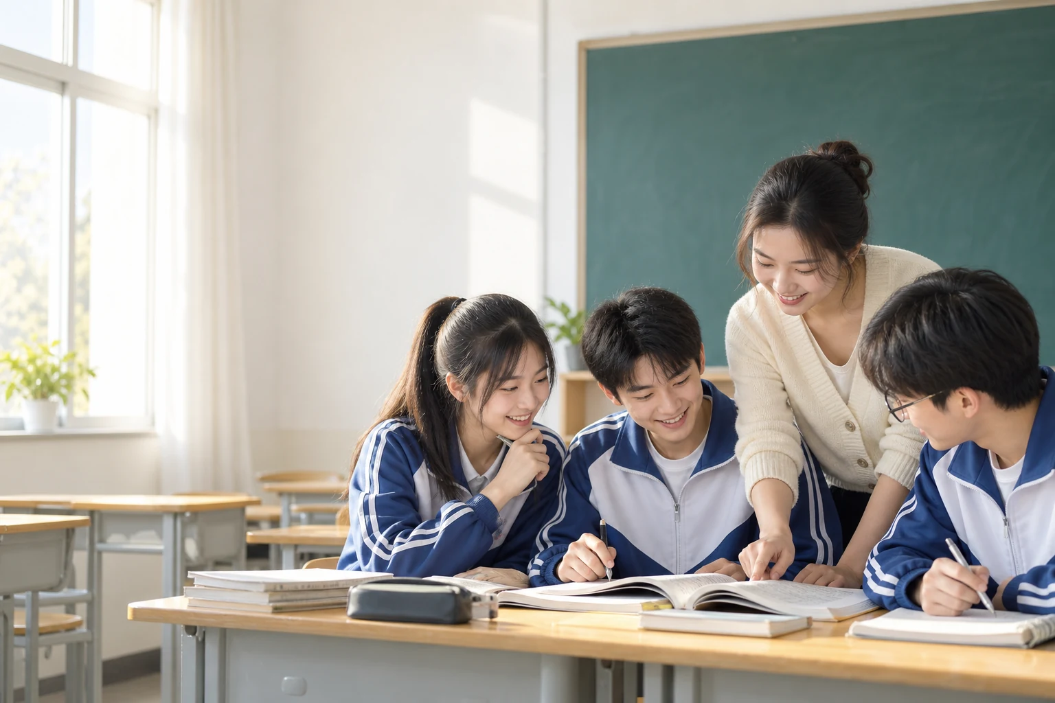 老师与学生一起探究的校园场景，AI 生成示意